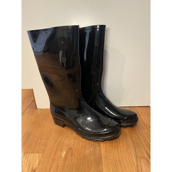 Time and Tru Rubber Rain Boots Womens Size 8 Black Waterproof Pull On Mid Calf - Picture 1 of 9